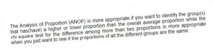 The Analysis of Proportion (ANOP) is more appropriate if you want to identify the group(s) that has(have) a higher or lower proportion than the overall average proportion while the chi-square test for the difference among more than two proportions is more appropriate when you just want to see if the proportions of all the different groups are the same.