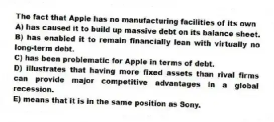 The fact that Apple has no manufacturing facilities of its own
A) has caused it to build up massive debt on its balance sheet.
B) has enabled it to remain financially lean with virtually no long-term debt.
C) has been problematic for Apple in terms of debt.
D) illustrates that having more fixed assets than rival firms can provide major competitive advantages in a global recession.
E) means that it is in the same position as Sony.
