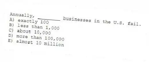 Annually, ________ businesses in the U.S. fail.
A) exactly 100
B) less than 1,000
C) about 10,000
D) more than 100,000
E) almost 10 million