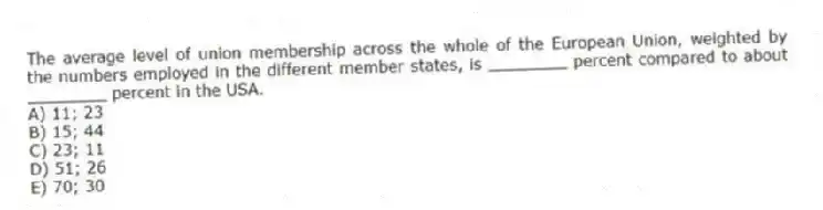 The average level of union membership across the whole of the European Union, weighted by the numbers employed in the different member states, is ________ percent compared to about ________ percent in the USA.
A) 11; 23
B) 15; 44
C) 23; 11
D) 51; 26
E) 70; 30