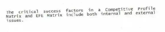 The critical success factors in a Competitive Profile Matrix and EFE Matrix include both internal and external issues.