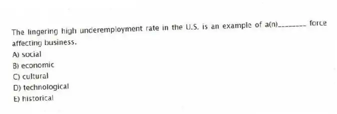 The lingering high underemployment rate in the U.S. is an example of a(n)________ force affecting business.
A) social
B) economic
C) cultural
D) technological
E) historical