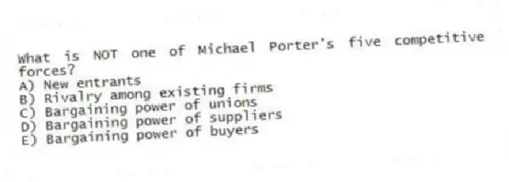 What is NOT one of Michael Porter's five competitive forces?
A) New entrants
B) Rivalry among existing firms
C) Bargaining power of unions
D) Bargaining power of suppliers
E) Bargaining power of buyers