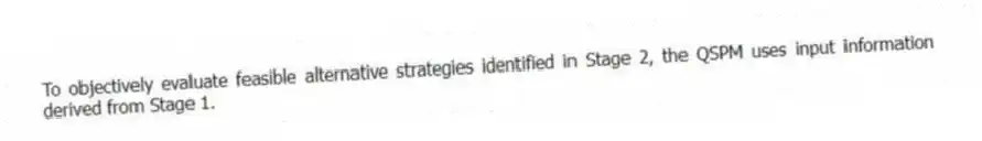 To objectively evaluate feasible alternative strategies identified in Stage 2, the QSPM uses input information derived from Stage 1.