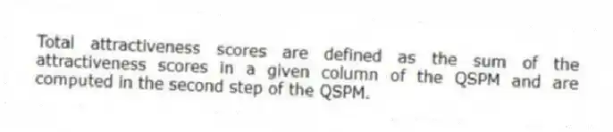 Total attractiveness scores are defined as the sum of the attractiveness scores in a given column of the QSPM and are computed in the second step of the QSPM.