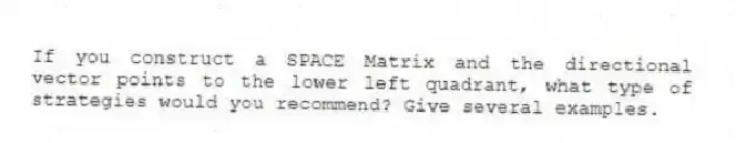 If you construct a SPACE Matrix and the directional vector points to the lower left quadrant, what type of strategies would you recommend? Give several examples.