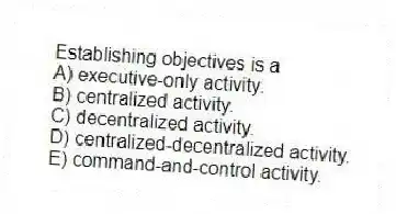 Establishing objectives is a
A) executive-only activity.
B) centralized activity.
C) decentralized activity.
D) centralized-decentralized activity.
E) command-and-control activity.