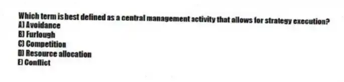 Which term is best defined as a central management activity that allows for strategy execution?
A) Avoidance
B) Furlough
C) Competition
D) Resource allocation
E) Conflict