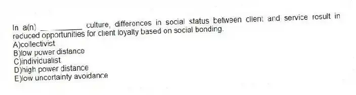 In a(n) __________ culture, differences in social status between client and service result in reduced opportunities for client loyalty based on social bonding.
A)collectivist
B)low power distance
C)individualist
D)high power distance
E)low uncertainty avoidance