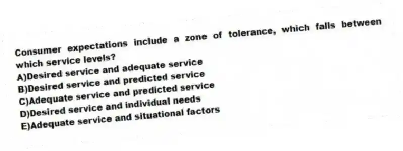 Consumer expectations include a zone of tolerance, which falls between which service levels?
A)Desired service and adequate service
B)Desired service and predicted service
C)Adequate service and predicted service
D)Desired service and individual needs
E)Adequate service and situational factors