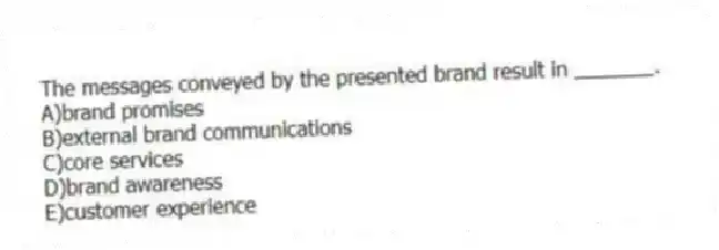 The messages conveyed by the presented brand result in _______.
A)brand promises
B)external brand communications
C)core services
D)brand awareness
E)customer experience