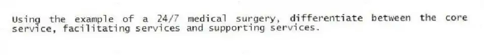 Using the example of a 24/7 medical surgery, differentiate between the core service, facilitating services and supporting services.