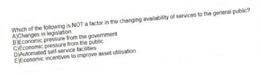 Which of the following is NOT a factor in the changing availability of services to the general public?
A)Changes in legislation
B)Economic pressure from the government
C)Economic pressure from the public
D)Automated self-service facilities
E)Economic incentives to improve asset utilisation