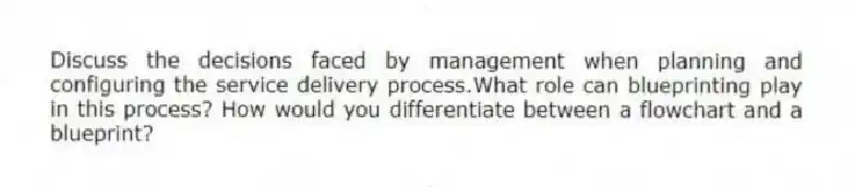 Discuss the decisions faced by management when planning and configuring the service delivery process.What role can blueprinting play in this process? How would you differentiate between a flowchart and a blueprint?