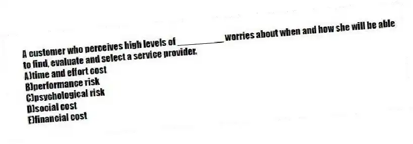 A customer who perceives high levels of _________ worries about when and how she will be able to find, evaluate and select a service provider.
A)time and effort cost
B)performance risk
C)psychological risk
D)social cost
E)financial cost