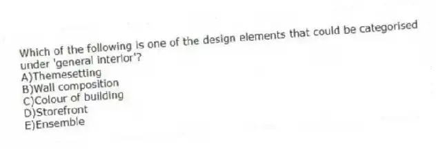 Which of the following is one of the design elements that could be categorised under 'general interior'?
A)Themesetting
B)Wall composition
C)Colour of building
D)Storefront
E)Ensemble