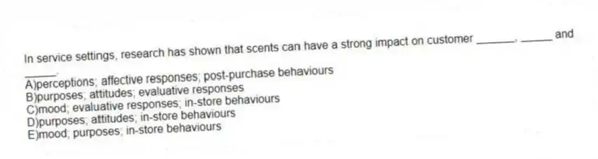 In service settings, research has shown that scents can have a strong impact on customer ______, _____ and _____.
A)perceptions; affective responses; post-purchase behaviours
B)purposes; attitudes; evaluative responses
C)mood; evaluative responses; in-store behaviours
D)purposes; attitudes; in-store behaviours
E)mood; purposes; in-store behaviours