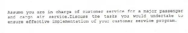 Assume you are in charge of customer service for a major passenger and cargo air service.Discuss the tasks you would undertake to ensure effective implementation of your customer service program.