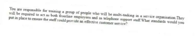 You are responsible for training a group of people who will be multi-tasking in a service organisation.They will be required to act as both frontline employees and as telephone support staff.What standards would you put in place to ensure the staff could provide an effective customer service?