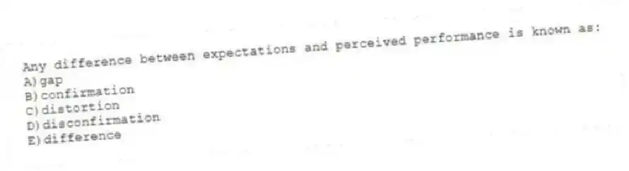 Any difference between expectations and perceived performance is known as:
A)gap
B)confirmation
C)distortion
D)disconfirmation
E)difference