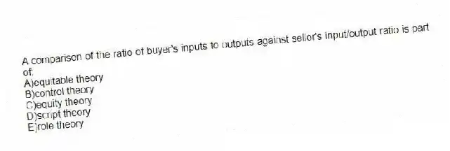 A comparison of the ratio of buyer's inputs to outputs against seller's input/output ratio is part of:
A)equitable theory
B)control theory
C)equity theory
D)script theory
E)role theory