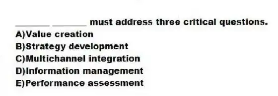 ________ ________ must address three critical questions.
A)Value creation
B)Strategy development
C)Multichannel integration
D)Information management
E)Performance assessment