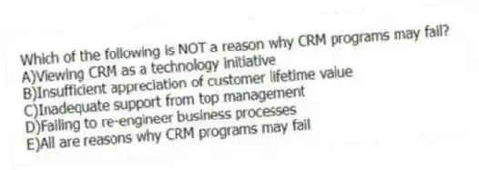 Which of the following is NOT a reason why CRM programs may fail?
A)Viewing CRM as a technology initiative
B)Insufficient appreciation of customer lifetime value
C)Inadequate support from top management
D)Failing to re-engineer business processes
E)All are reasons why CRM programs may fail