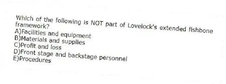 Which of the following is NOT part of Lovelock's extended fishbone framework?
A)Facilities and equipment
B)Materials and supplies
C)Profit and loss
D)Front stage and backstage personnel
E)Procedures