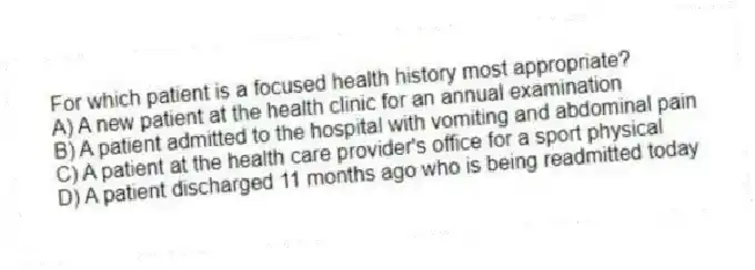 For which patient is a focused health history most appropriate?
A) A new patient at the health clinic for an annual examination
B) A patient admitted to the hospital with vomiting and abdominal pain
C) A patient at the health care provider's office for a sport physical
D) A patient discharged 11 months ago who is being readmitted today