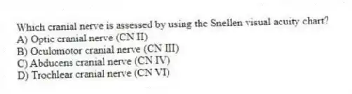 Which cranial nerve is assessed by using the Snellen visual acuity chart?
A) Optic cranial nerve (CN II)
B) Oculomotor cranial nerve (CN III)
C) Abducens cranial nerve (CN IV)
D) Trochlear cranial nerve (CN VI)