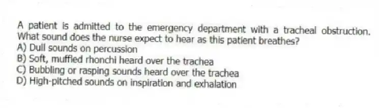 A patient is admitted to the emergency department with a tracheal obstruction. What sound does the nurse expect to hear as this patient breathes?
A) Dull sounds on percussion
B) Soft, muffled rhonchi heard over the trachea
C) Bubbling or rasping sounds heard over the trachea
D) High-pitched sounds on inspiration and exhalation
