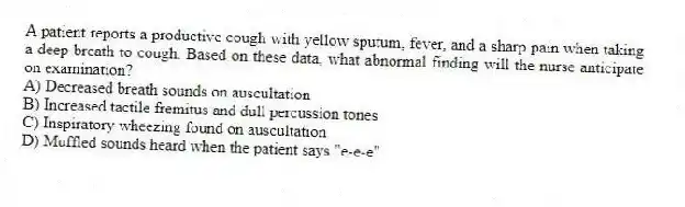 A patient reports a productive cough with yellow sputum, fever, and a sharp pain when taking a deep breath to cough. Based on these data, what abnormal finding will the nurse anticipate on examination?
A) Decreased breath sounds on auscultation
B) Increased tactile fremitus and dull percussion tones
C) Inspiratory wheezing found on auscultation
D) Muffled sounds heard when the patient says "e-e-e"
