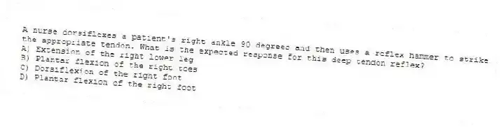 A nurse dorsiflexes a patient's right ankle 90 degrees and then uses a reflex hammer to strike the appropriate tendon. What is the expected response for this deep tendon reflex?
A) Extension of the right lower leg
B) Plantar flexion of the right toes
C) Dorsiflexion of the right foot
D) Plantar flexion of the right foot