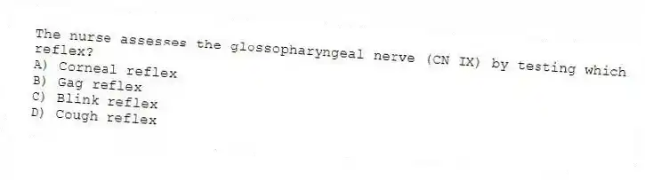 The nurse assesses the glossopharyngeal nerve (CN IX) by testing which reflex?
A) Corneal reflex
B) Gag reflex
C) Blink reflex
D) Cough reflex