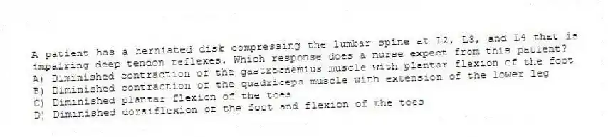 A patient has a herniated disk compressing the lumbar spine at L2, L3, and L4 that is impairing deep tendon reflexes. Which response does a nurse expect from this patient?
A) Diminished contraction of the gastrocnemius muscle with plantar flexion of the foot
B) Diminished contraction of the quadriceps muscle with extension of the lower leg
C) Diminished plantar flexion of the toes
D) Diminished dorsiflexion of the foot and flexion of the toes
