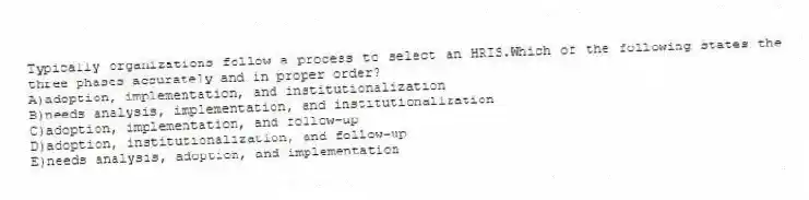 Typically organizations follow a process to select an HRIS.Which of the following states the three phases accurately and in proper order?
A)adoption, implementation, and institutionalization
B)needs analysis, implementation, and institutionalization
C)adoption, implementation, and follow-up
D)adoption, institutionalization, and follow-up
E)needs analysis, adoption, and implementation