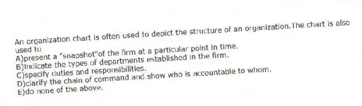 An organization chart is often used to depict the structure of an organization.The chart is also used to
A)present a "snapshot"of the firm at a particular point in time.
B)indicate the types of departments established in the firm.
C)specify duties and responsibilities.
D)clarify the chain of command and show who is accountable to whom.
E)do none of the above.