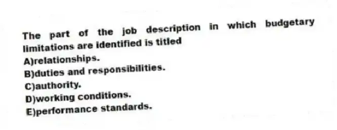 The part of the job description in which budgetary limitations are identified is titled
A)relationships.
B)duties and responsibilities.
C)authority.
D)working conditions.
E)performance standards.