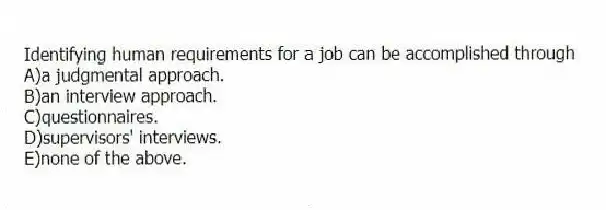Identifying human requirements for a job can be accomplished through
A)a judgmental approach.
B)an interview approach.
C)questionnaires.
D)supervisors' interviews.
E)none of the above.