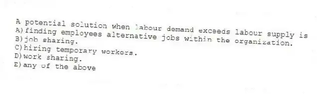 A potential solution when labour demand exceeds labour supply is
A)finding employees alternative jobs within the organization.
B)job sharing.
C)hiring temporary workers.
D)work sharing.
E)any of the above