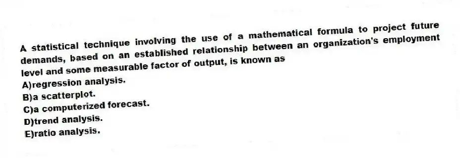 A statistical technique involving the use of a mathematical formula to project future demands, based on an established relationship between an organization's employment level and some measurable factor of output, is known as
A)regression analysis.
B)a scatterplot.
C)a computerized forecast.
D)trend analysis.
E)ratio analysis.