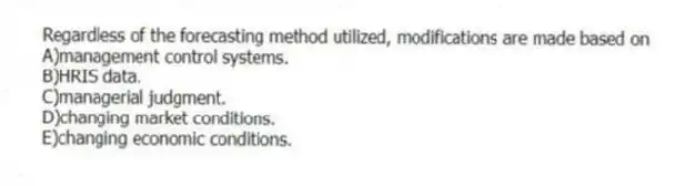 Regardless of the forecasting method utilized, modifications are made based on
A)management control systems.
B)HRIS data.
C)managerial judgment.
D)changing market conditions.
E)changing economic conditions.