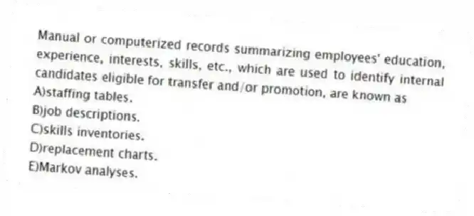 Manual or computerized records summarizing employees' education, experience, interests, skills, etc., which are used to identify internal candidates eligible for transfer and/or promotion, are known as
A)staffing tables.
B)job descriptions.
C)skills inventories.
D)replacement charts.
E)Markov analyses.