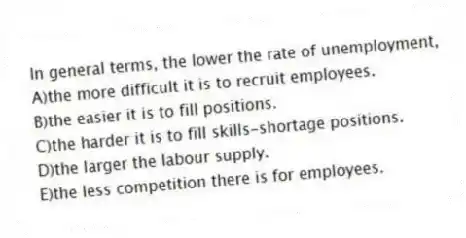 In general terms, the lower the rate of unemployment,
A)the more difficult it is to recruit employees.
B)the easier it is to fill positions.
C)the harder it is to fill skills-shortage positions.
D)the larger the labour supply.
E)the less competition there is for employees.