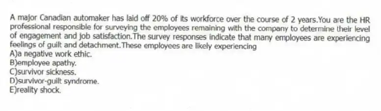 A major Canadian automaker has laid off 20% of its workforce over the course of 2 years.You are the HR professional responsible for surveying the employees remaining with the company to determine their level of engagement and job satisfaction.The survey responses indicate that many employees are experiencing feelings of guilt and detachment.These employees are likely experiencing
A)a negative work ethic.
B)employee apathy.
C)survivor sickness.
D)survivor-guilt syndrome.
E)reality shock.