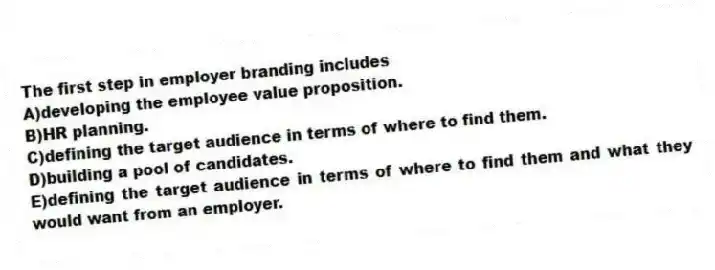 The first step in employer branding includes
A)developing the employee value proposition.
B)HR planning.
C)defining the target audience in terms of where to find them.
D)building a pool of candidates.
E)defining the target audience in terms of where to find them and what they would want from an employer.
