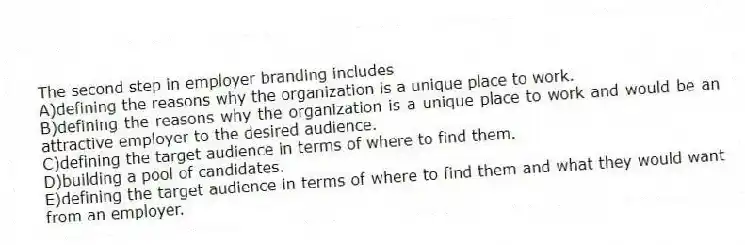 The second step in employer branding includes
A)defining the reasons why the organization is a unique place to work.
B)defining the reasons why the organization is a unique place to work and would be an attractive employer to the desired audience.
C)defining the target audience in terms of where to find them.
D)building a pool of candidates.
E)defining the target audience in terms of where to find them and what they would want from an employer.