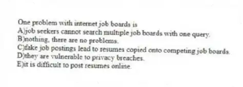 One problem with internet job boards is
A)job seekers cannot search multiple job boards with one query.
B)nothing, there are no problems.
C)fake job postings lead to resumes copied onto competing job boards.
D)they are vulnerable to privacy breaches.
E)it is difficult to post resumes online.