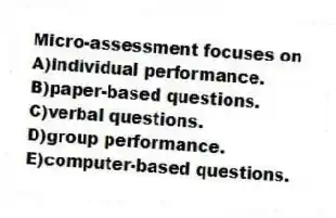 Micro-assessment focuses on
A)individual performance.
B)paper-based questions.
C)verbal questions.
D)group performance.
E)computer-based questions.