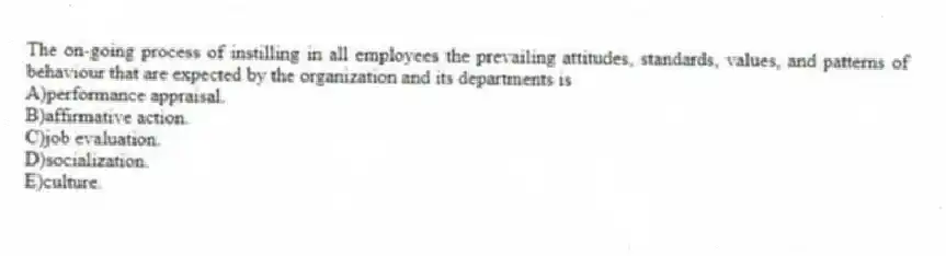 The on-going process of instilling in all employees the prevailing attitudes, standards, values, and patterns of behaviour that are expected by the organization and its departments is
A)performance appraisal.
B)affirmative action.
C)job evaluation.
D)socialization.
E)culture.